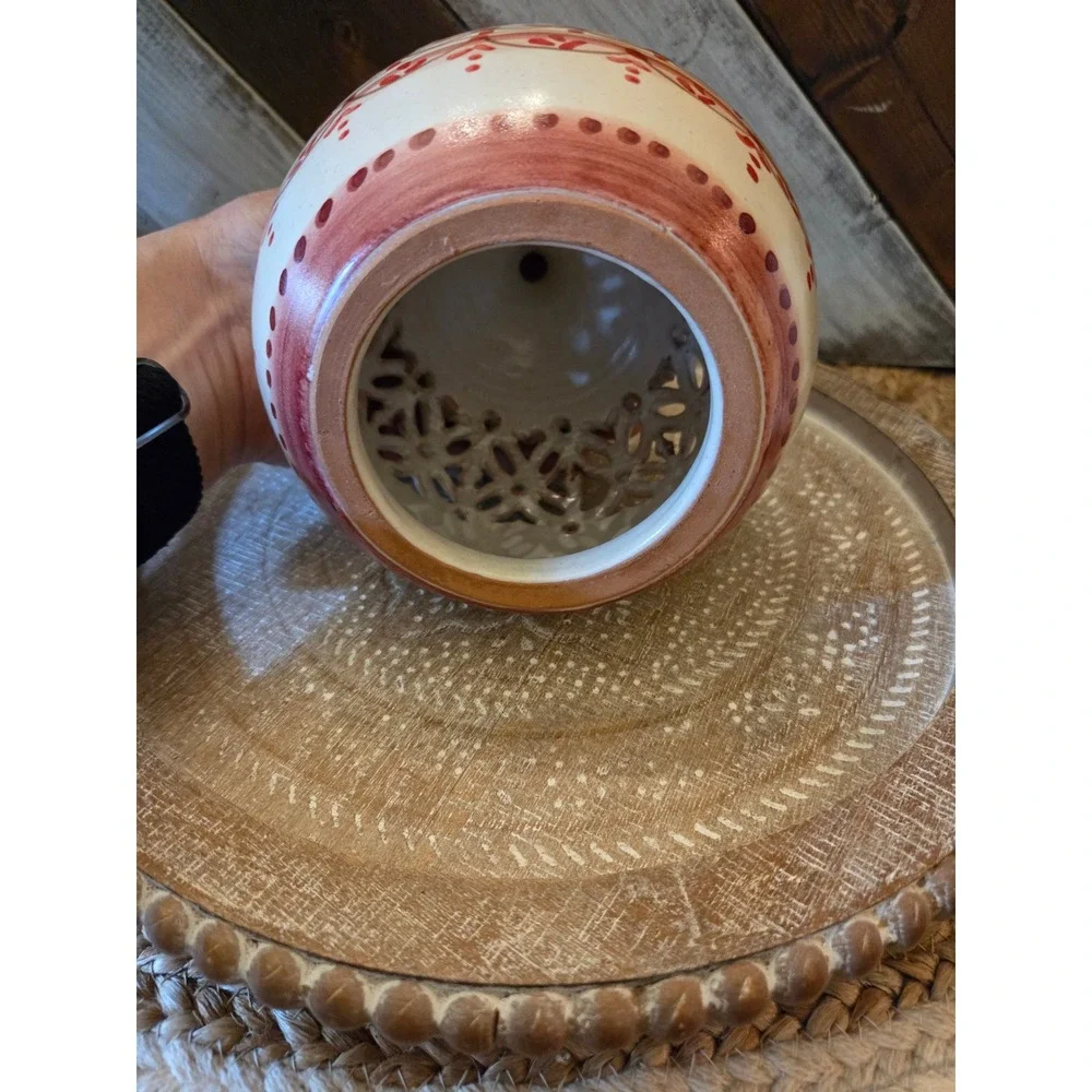 Hand Painted Ceramic Tea Light Candle Holder Pierced Lattice Globe Luminary